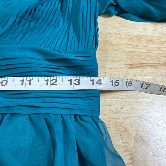 Mac Duggal NWT Teal Chiffon Ruched Tiered Puff Sleeve A Line Maxi Dress Size 6 - Picture 7 of 8